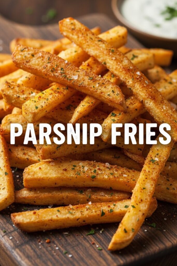 A pile of perfectly baked, golden parsnip fries on a wooden board with the text overlay "PARSNIP FRIES" for a recipe title.