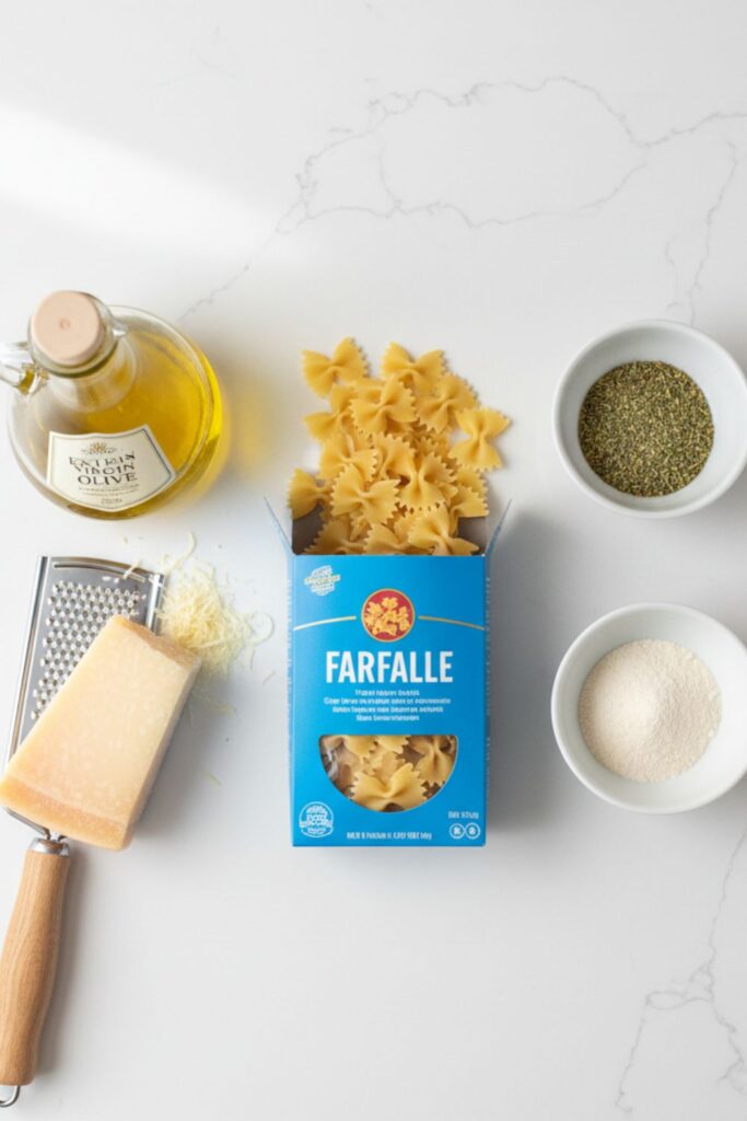 A collage of the ingredients for making pasta chips: pasta, olive oil, Parmesan cheese, and seasonings.