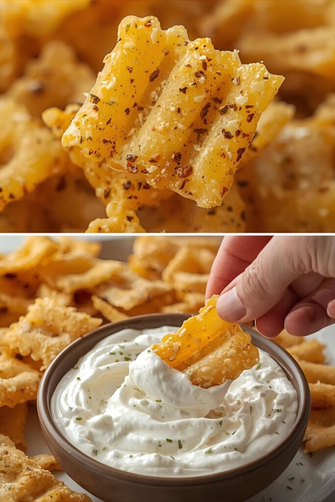 A two-part image showing a close-up of a crispy pasta chip's texture and an action shot of a chip being dipped in creamy feta.