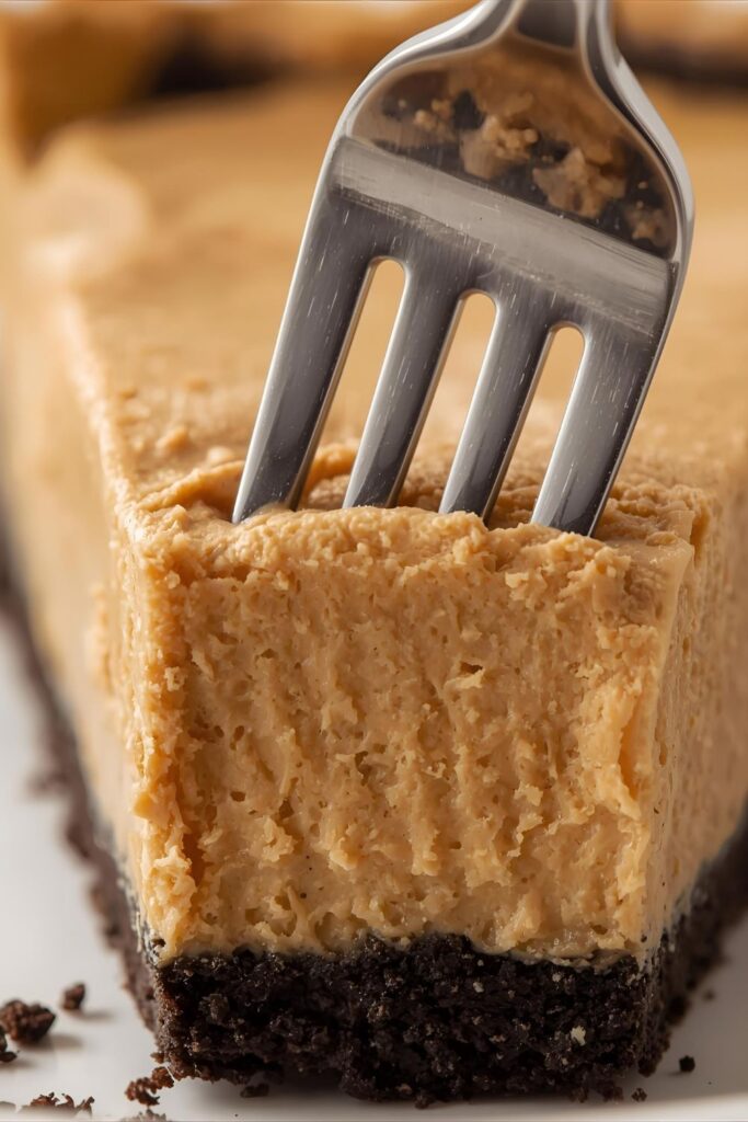 An extreme close-up macro shot of a fork cutting into a slice of no-bake pie, highlighting the silky filling and crunchy crust.