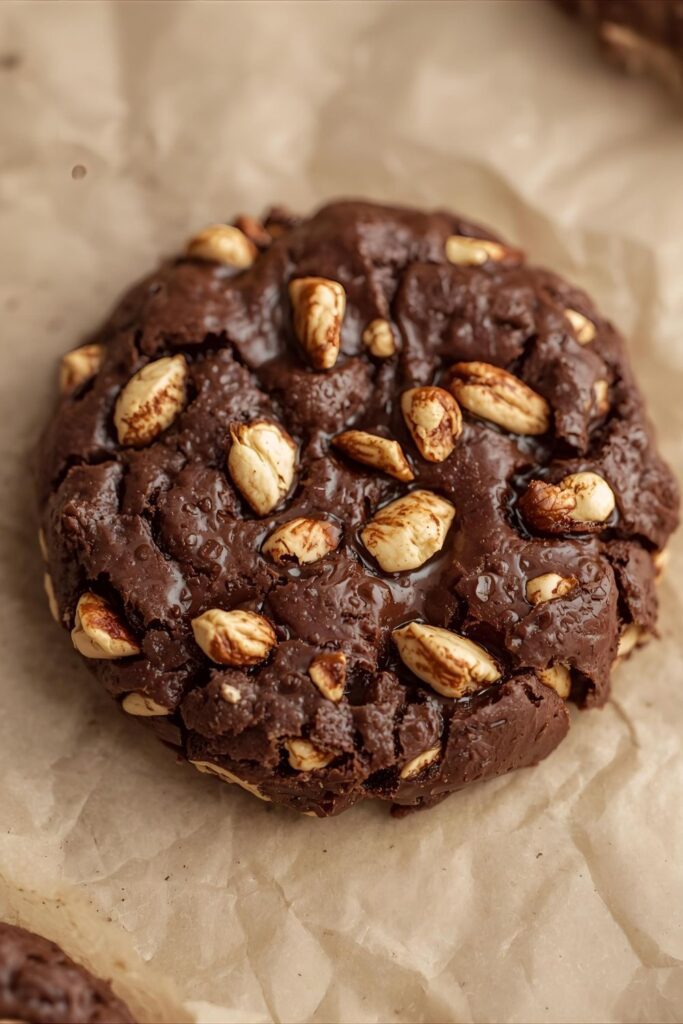 An extreme close-up macro shot of a single, shiny chocolate no-bake cookie, highlighting its oaty texture.