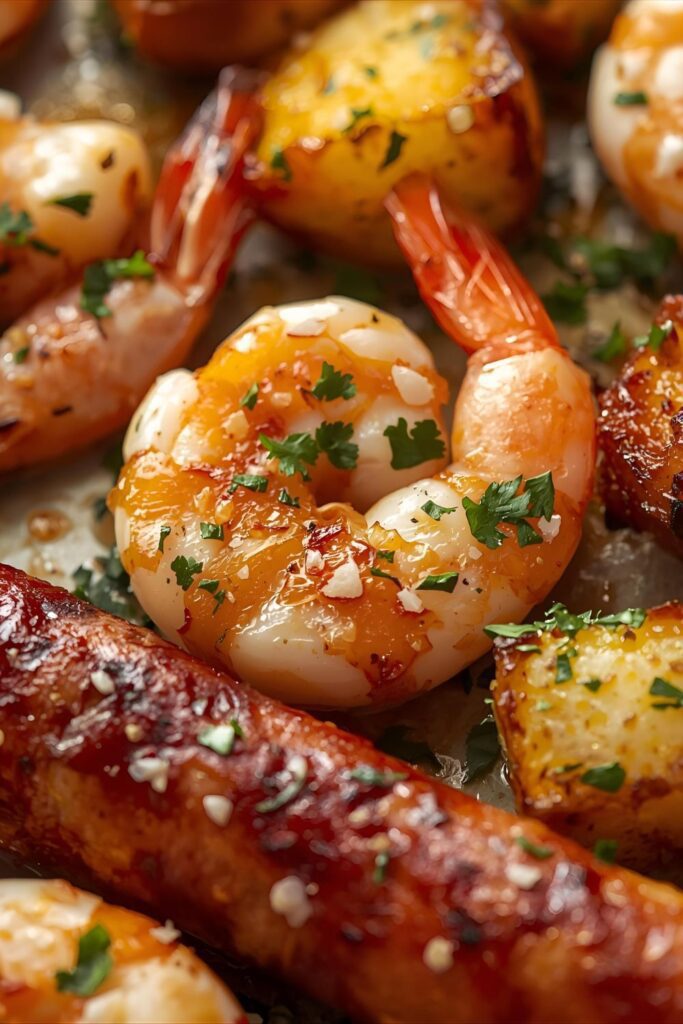 An extreme close-up shot of the finished sheet pan, focusing on a perfectly cooked pink shrimp, a piece of sausage, and a potato.