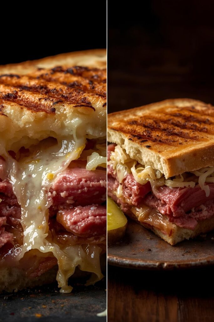 Two contrasting photos of the finished Reuben. One is a detailed close-up cross-section showing the gooey melted cheese, corned beef, and sauerkraut layers, and the other is a shot of a whole, uncut, grilled sandwich on a plate