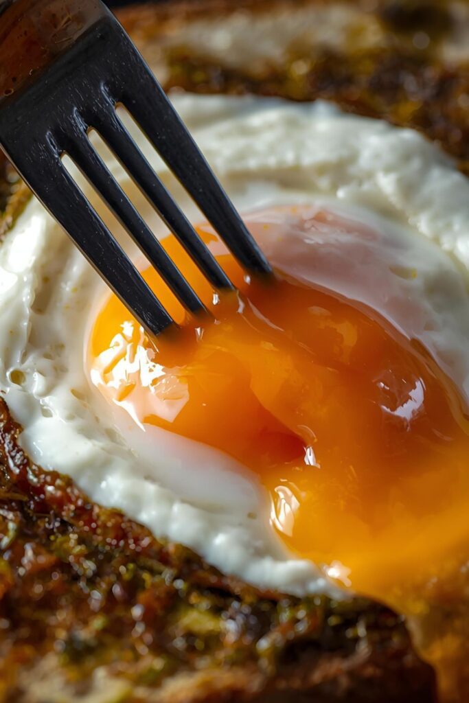 A close-up macro shot of a pesto egg on ricotta toast, with a fork breaking into the runny, golden yolk which is dripping down the side.