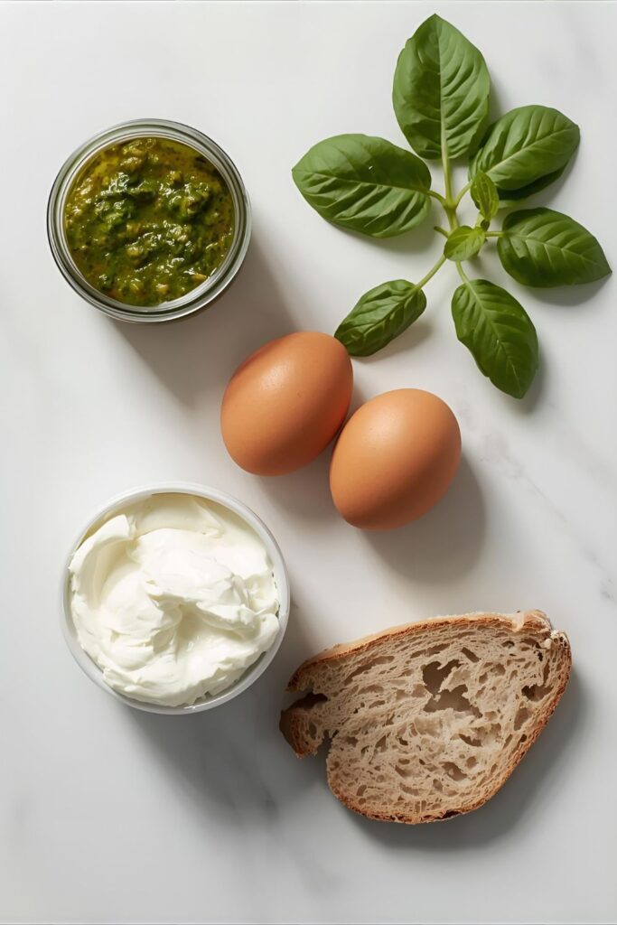  A flat lay of the simple ingredients for pesto eggs: a jar of pesto, two brown eggs, a container of ricotta, and a slice of sourdough bread.