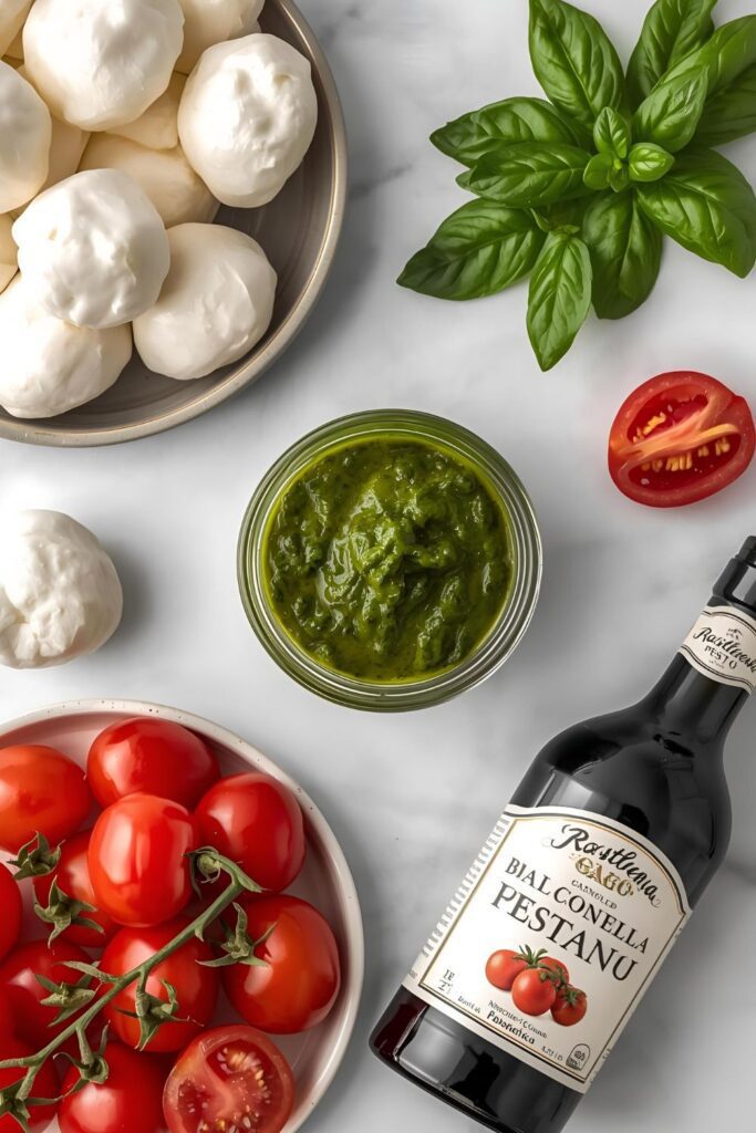 Flat-lay collage of the simple ingredients for pesto mozzarella dip: fresh mozzarella, pesto, cherry tomatoes, and balsamic glaze.