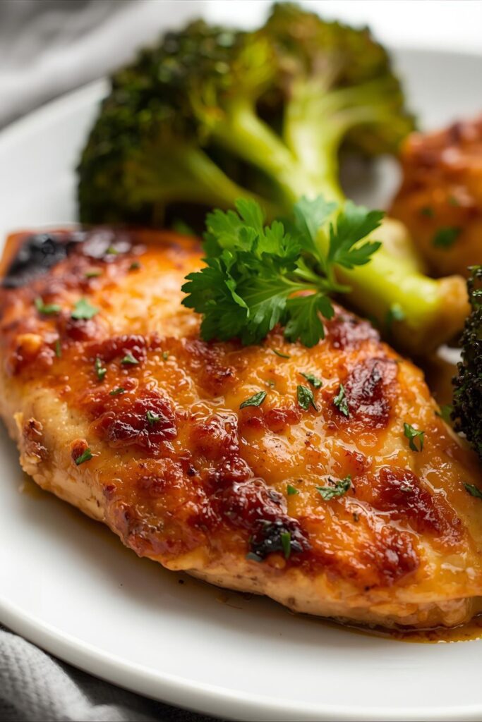 A close-up shot of a serving of sheet pan chicken and roasted vegetables on a white plate, focusing on the texture.