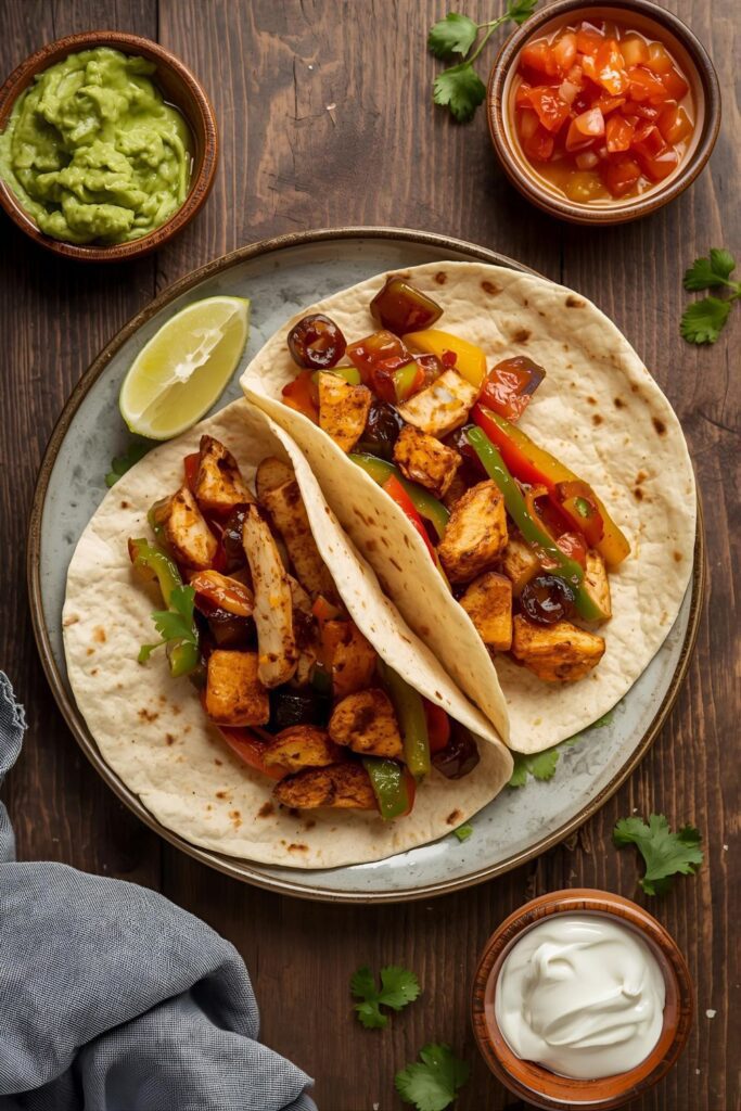 A close-up shot of sizzling chicken and colorful bell pepper fajitas on a dark sheet pan, garnished with fresh cilantro.