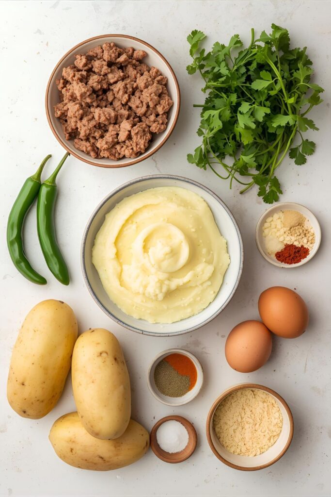 A flat lay collage of ingredients for potato chops: mashed potatoes, meat filling, spices, eggs, and breadcrumbs.