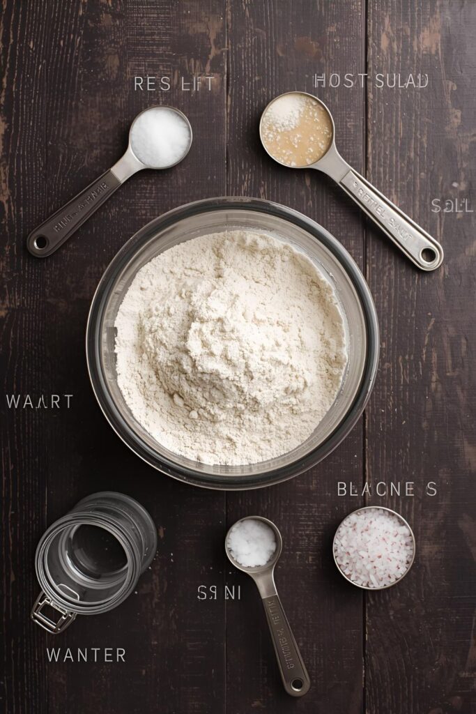 Flat lay photo of pretzel ingredients: bread flour, coarse salt, yeast, and water on a wooden table.