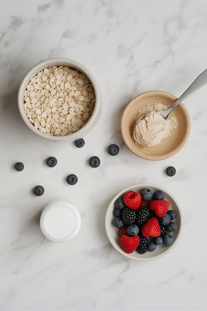 A flat-lay image of the ingredients for protein oatmeal, including rolled oats, protein powder, almond milk, and berries