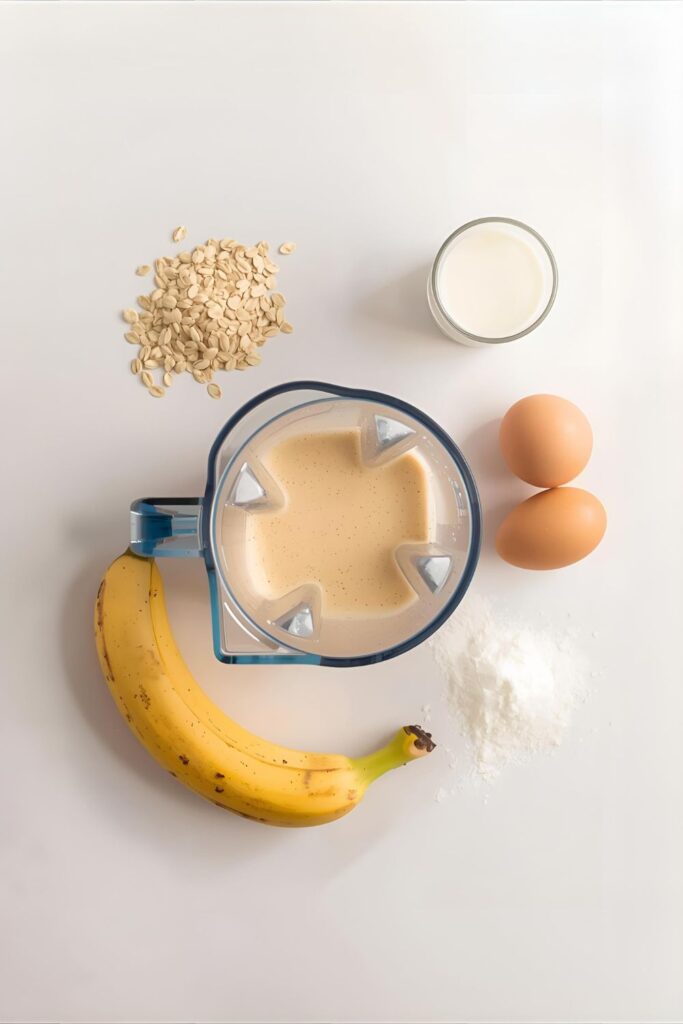 A flat-lay image of the ingredients for protein pancakes, including oats, protein powder, banana, and eggs, arranged around a blender.