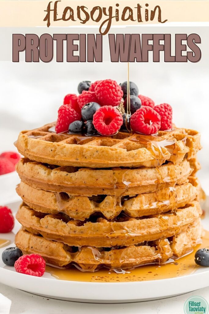 Stack of fluffy golden protein waffles with berries and syrup on a white plate, with the text overlay "PROTEIN WAFFLES".