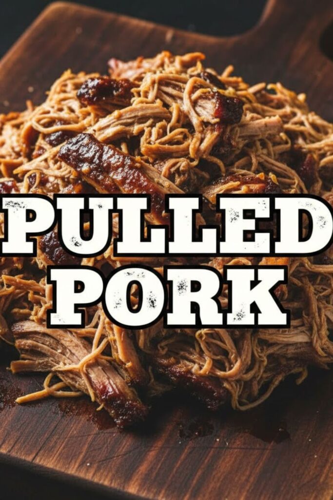 A close-up, high-quality, professional photograph of a pile of perfectly shredded pulled pork on a wooden cutting board, with a thick, glossy bark visible. The text overlay in a bold, vintage-style font says "PULLED PORK" with a banner that reads "Ultimate Recipe.