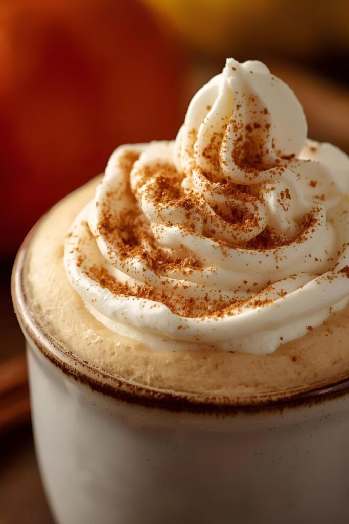A close-up, mouth-watering shot of a perfectly frothed pumpkin spice latte in a rustic ceramic mug, generously topped with whipped cream and a visible sprinkle of freshly ground pumpkin spice. Soft, warm lighting, autumnal background.