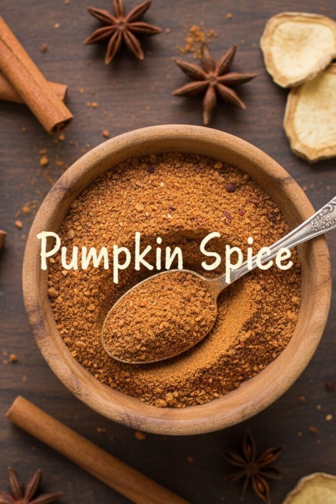 A beautiful, rustic overhead shot of a small wooden bowl overflowing with rich, homemade pumpkin spice. The text "Pumpkin Spice" is artfully overlaid in a warm, inviting font on the image
