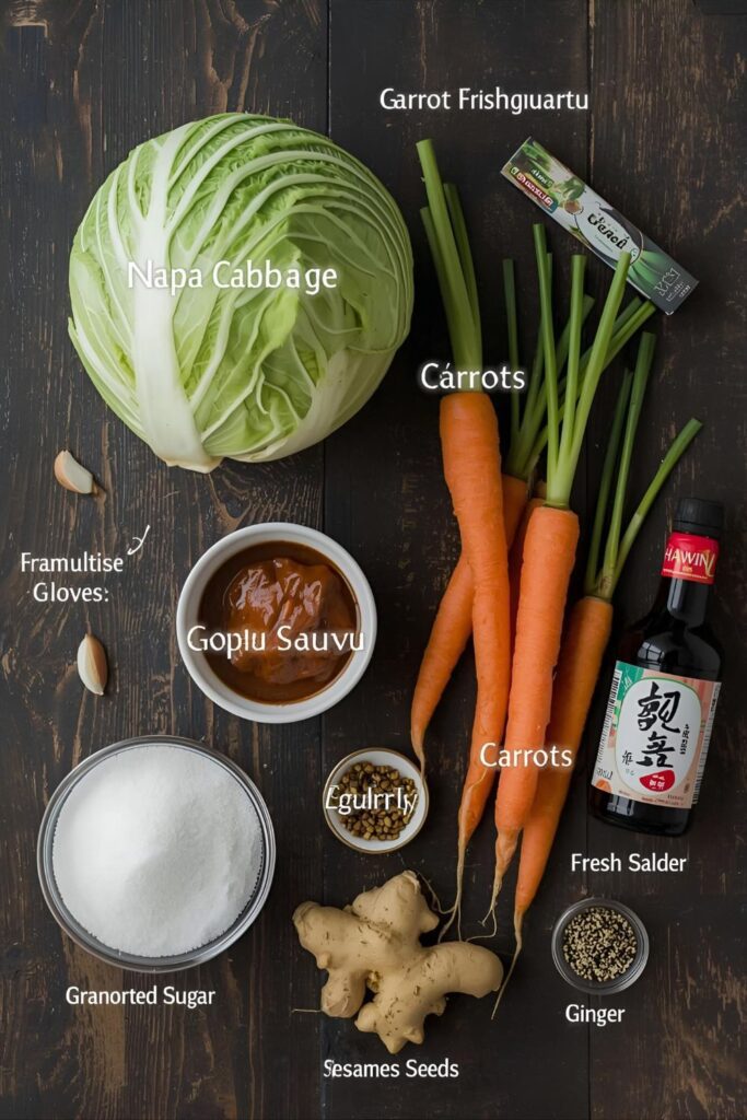 A clean flat lay collage showing a head of Napa cabbage, carrots, green onions, gochugaru, fish sauce, garlic, ginger, sugar, and sesame seeds, arranged on a dark background
