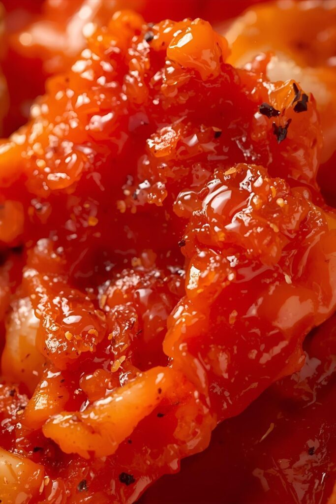 An extreme close-up shot focusing on the crisp texture and vibrant red coating of a single piece of quick kimchi, with flecks of spices visible.