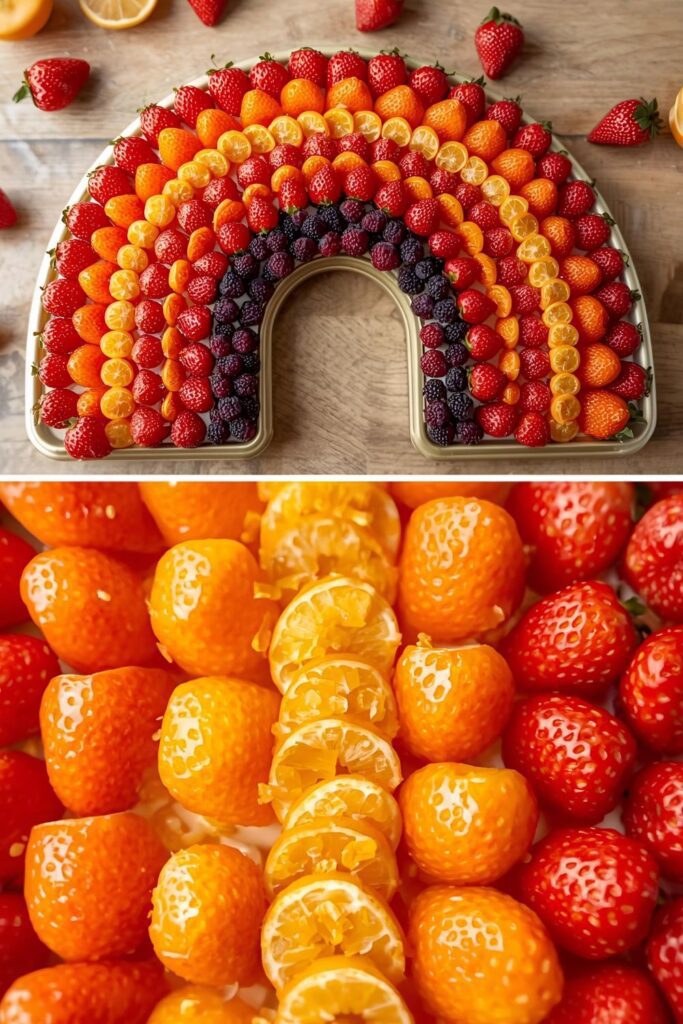 Two images: a wide shot of the rainbow platter and a close-up of the red and orange transition zone.