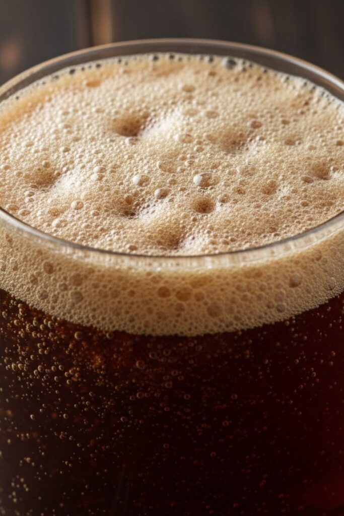 An extreme close-up shot focusing on the primary fermentation jar, showing a thick layer of foam and visible bubbles actively rising from the liquid.