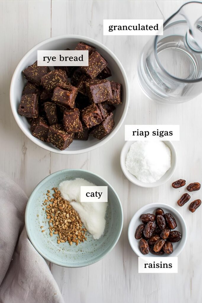 A clean flat lay collage showing the raw ingredients: dark toasted rye bread cubes, granulated sugar, active dry yeast, and whole raisins, next to a pitcher of water.