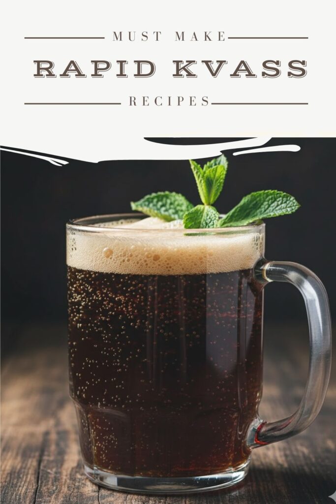 A clear glass mug of dark, fizzy kvass with a foam head and a slice of toasted rye bread floating, with "Rapid kvass" text overlaid.