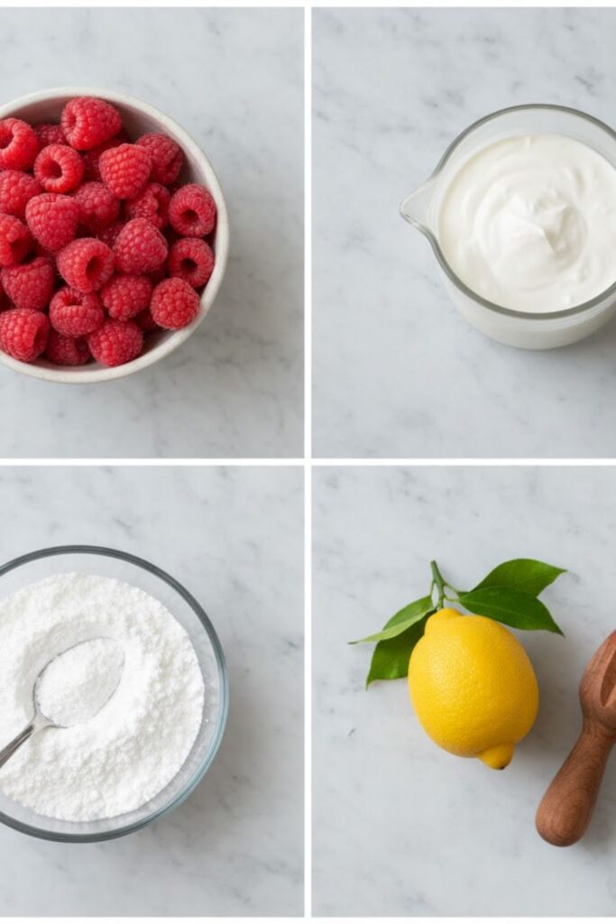A clean flat lay collage showing the raw ingredients: fresh raspberries, heavy cream in a small pitcher, powdered sugar, and a whole lemon, arranged on a light background.