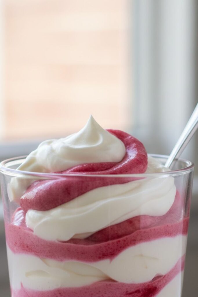An extreme close-up shot focusing on the light, airy, swirled texture of the raspberry fool in a glass, with a small spoon ready for tasting