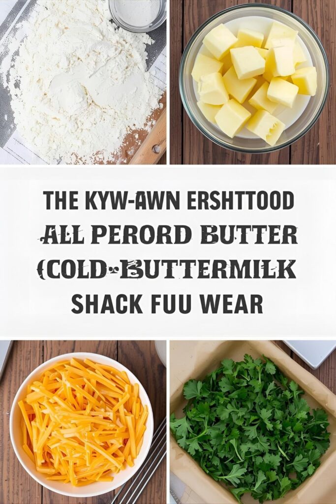 Flat lay collage of biscuit ingredients: flour, cold cubed butter, buttermilk, shredded cheddar cheese, and fresh parsley.