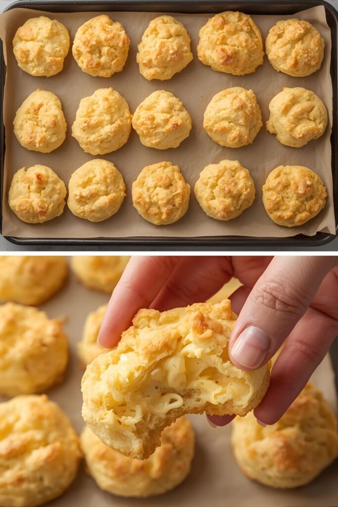 Two images: a wide shot of a full batch of biscuits on a baking sheet, and a close-up of a biscuit being pulled apart to show the flaky layers