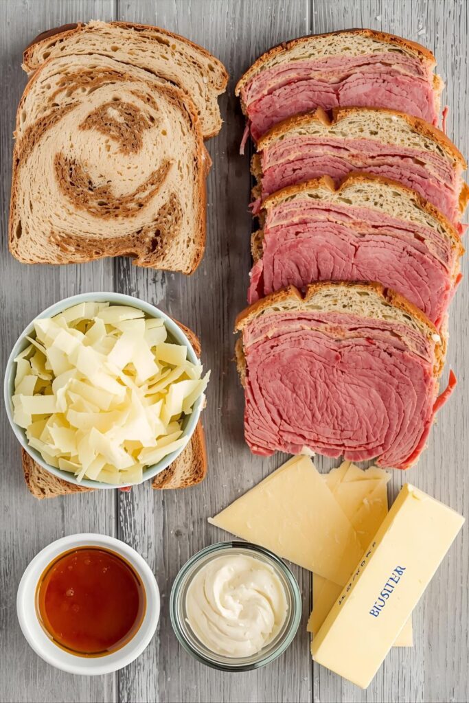A flat lay/overhead collage of all the fresh ingredients needed for a Reuben sandwich: marbled rye bread, sliced corned beef, Swiss cheese, a bowl of sauerkraut, Russian dressing, and a stick of butter