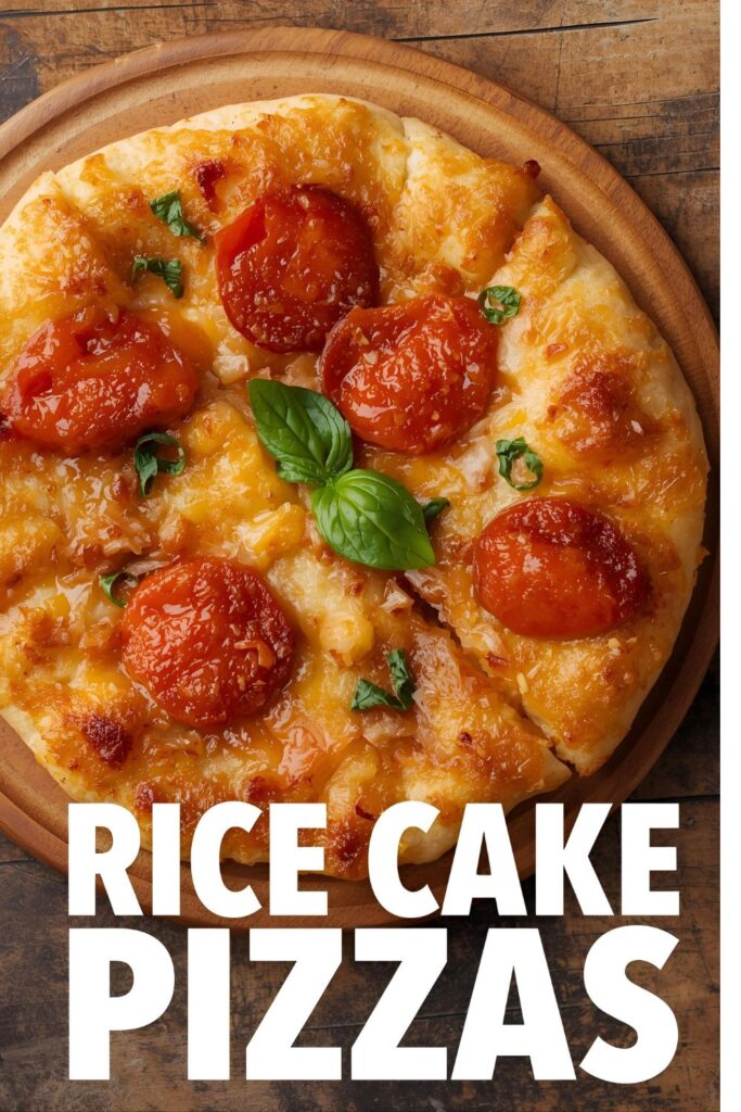 A close-up of a delicious and crispy rice cake pizza with melted mozzarella cheese and pepperoni, with the title "Rice Cake Pizzas" overlaid.