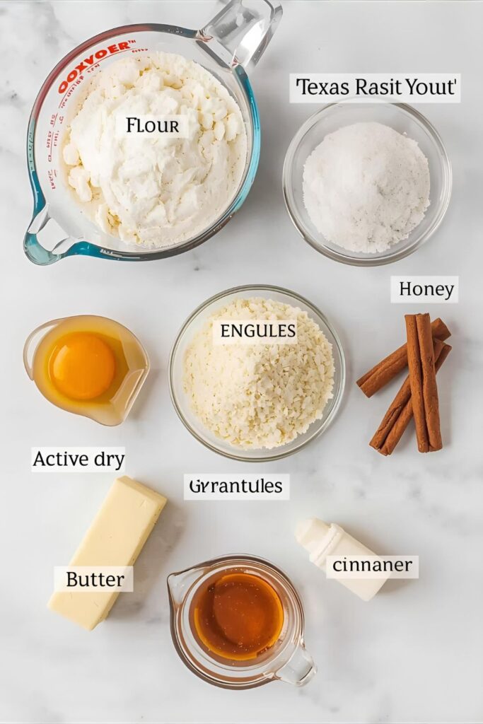 A collage of key baking ingredients for Texas Roadhouse rolls, including flour, sugar, yeast, and butter, alongside a jar of honey and cinnamon.