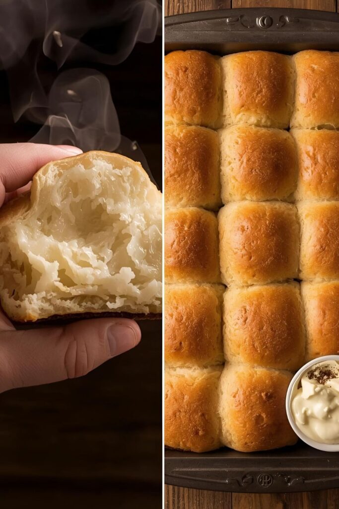 A split image showing two views of the rolls: one is a close-up of a roll being torn open, revealing the fluffy interior, and the other is a full pan of the baked rolls.