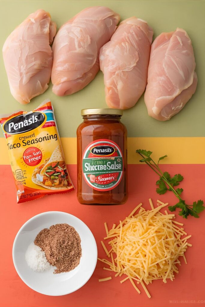 An overhead shot of the 5 simple ingredients for baked salsa chicken.