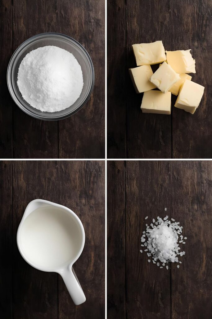 A clean flat lay collage showing the four main ingredients: granulated sugar, cubed unsalted butter, heavy cream in a small pitcher, and flaky sea salt, neatly arranged on a dark background.