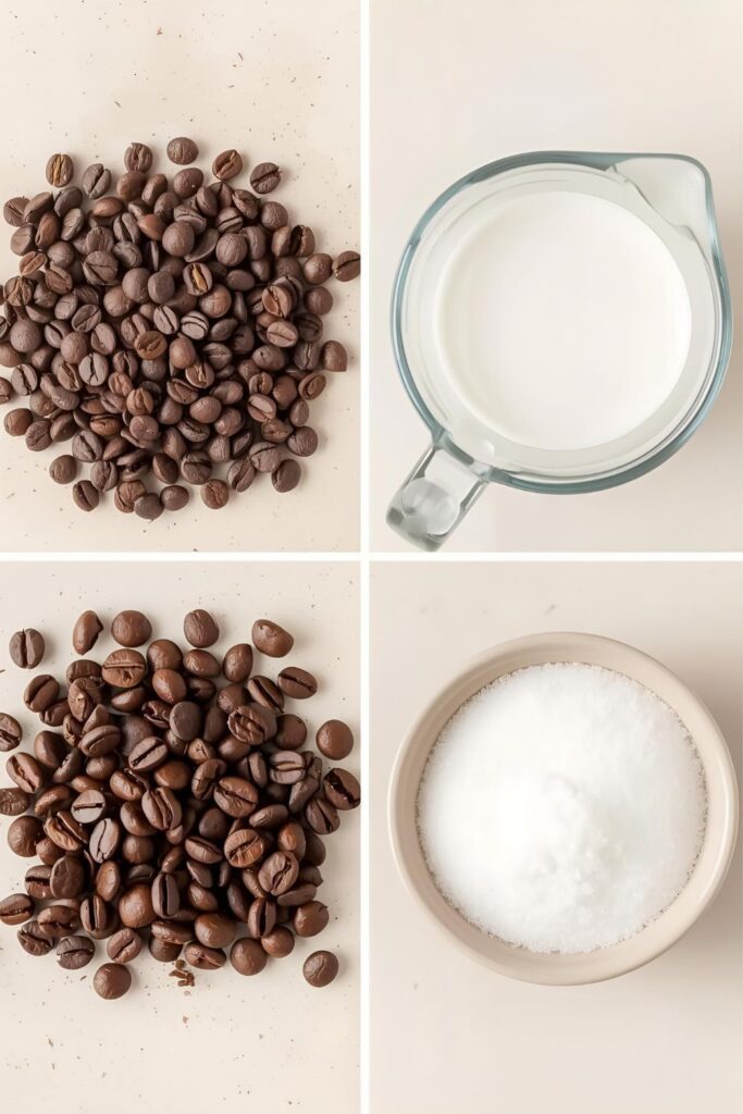 A clean flat lay collage showing the raw ingredients: chocolate chips, milk in a small pitcher, coffee beans, and sugar, arranged around a mug.