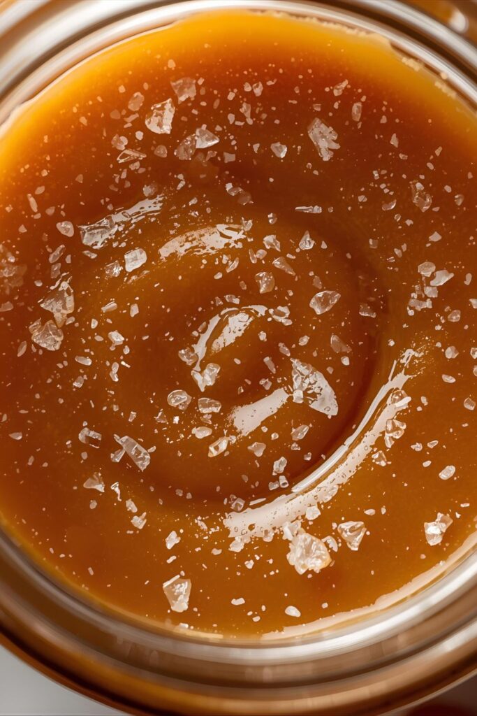An extreme close-up shot of the finished salted caramel sauce in a jar, focusing on the smooth, thick texture and the visible flakes of sea salt.