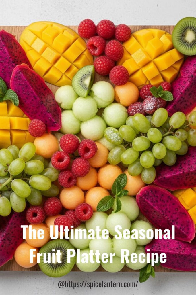 A colorful, vibrant overhead shot of an overflowing fruit platter with seasonal fruit (berries, melons, grapes), arranged beautifully on a wooden board. The text "Ultimate Seasonal Fruit Platter"is overlaid.