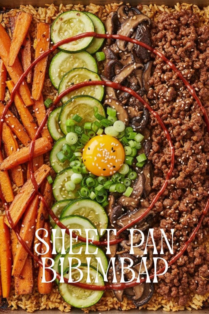 A colorful sheet pan bibimbap with roasted vegetables and ground beef, with a text overlay that reads "Sheet Pan Bibimbap."