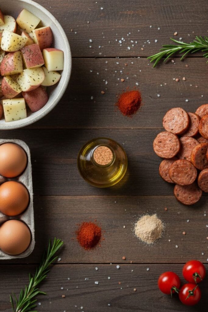 A flat lay collage of raw ingredients for a sheet pan breakfast: chopped potatoes, sausage, eggs, olive oil, and spices.