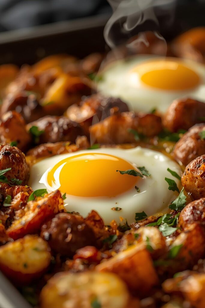 A close-up shot of a perfectly cooked egg with a runny yolk on a sheet pan breakfast, surrounded by crispy potatoes and sausage.