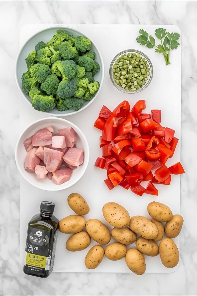 A flat lay of fresh ingredients for a sheet pan chicken dinner, including raw chicken, chopped broccoli, bell peppers, and olive oil.