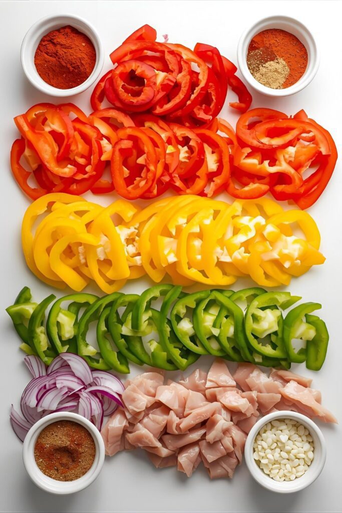 A vibrant flat lay of raw ingredients for sheet pan fajitas, including sliced bell peppers, onions, chicken, and bowls of spices