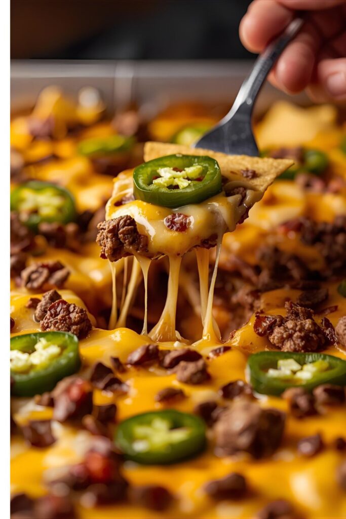 A close-up shot of a hand grabbing a perfectly loaded, cheesy chip from a sheet pan of nachos.
