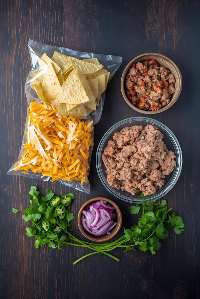 A flat lay collage of ingredients for sheet pan nachos: tortilla chips, shredded cheese, seasoned ground beef, onion, and jalapeños.