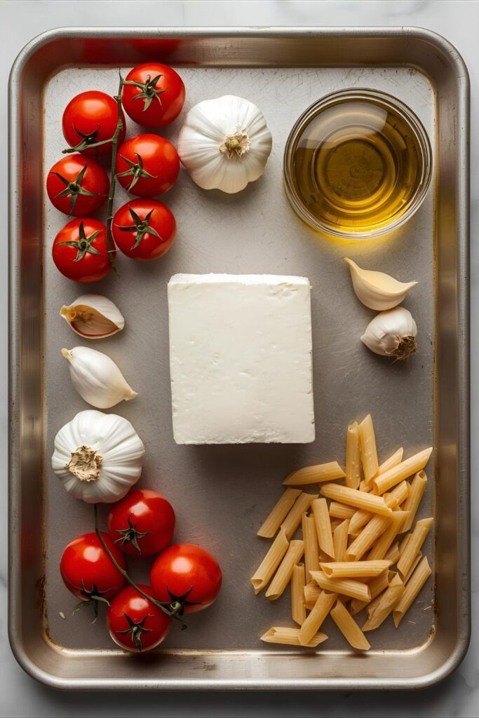 A flat-lay image of the ingredients for sheet pan pasta, including a block of feta, cherry tomatoes, garlic, olive oil, and penne pasta, arranged on a baking sheet.