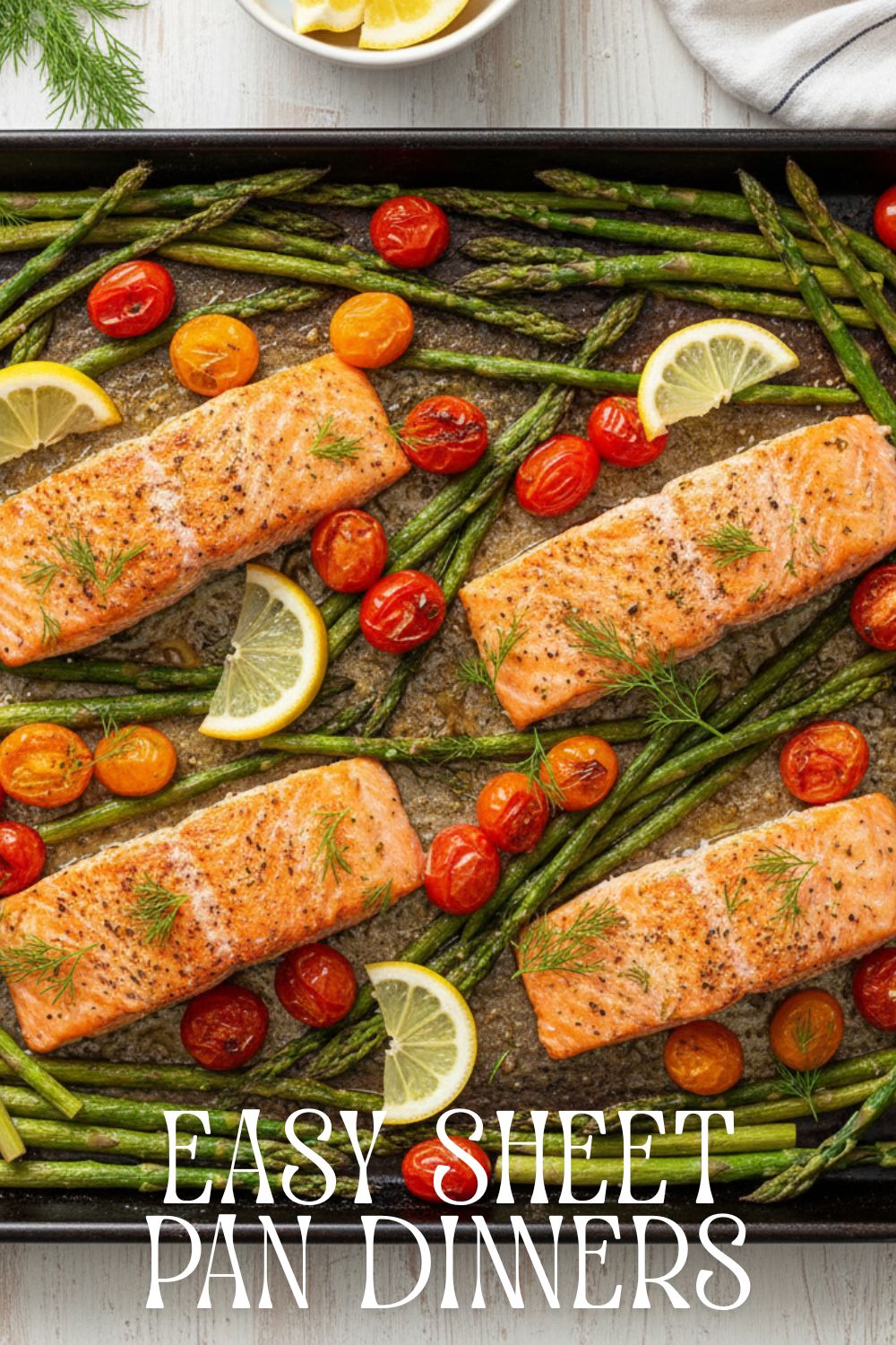 A beautiful sheet pan salmon dinner with roasted vegetables, with a text overlay that says "Easy Sheet Pan Dinners."