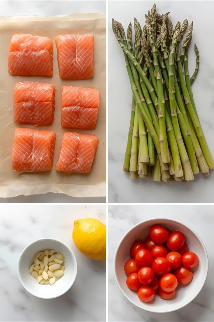 A collage of fresh ingredients for sheet pan salmon: salmon fillets, asparagus, cherry tomatoes, and lemon.