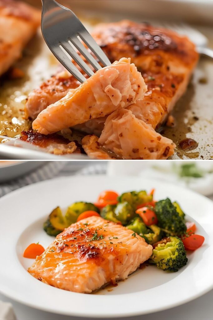 A two-part image showing the flaky texture of cooked salmon and a plated serving of the finished sheet pan dinner.